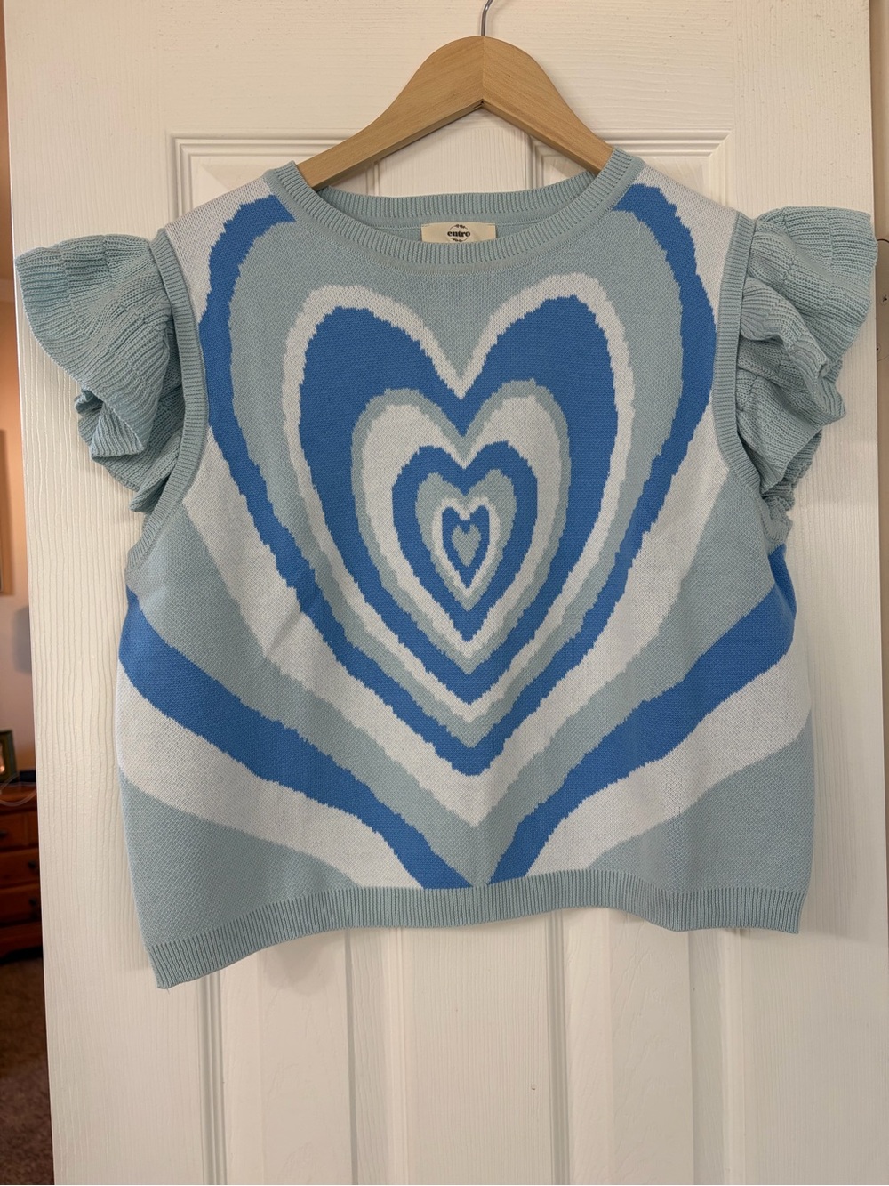 Entro Blue Heart Knit Top with Ruffle Sleeves